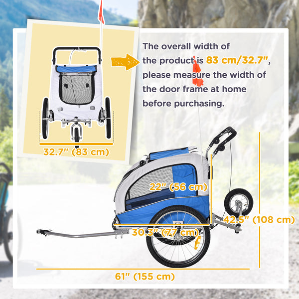 2-in-1 Dog Bike Trailer, Travel Mount with Suspension, Hitch, Storage Pockets, Blue