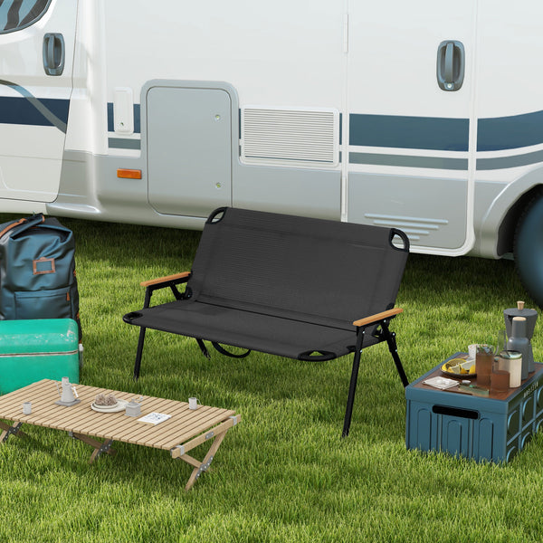 Folding 2-seater garden bench with armrests, black
