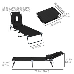 Chaise longue d'extérieur réglable avec trou pour le visage, siège inclinable pour bronzer, lit de plage pliant avec coussin de soutien, noir