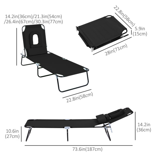 Chaise longue d'extérieur réglable avec trou pour le visage, siège inclinable pour bronzer, lit de plage pliant avec coussin de soutien, noir