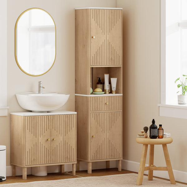 Oak-effect tall bathroom cabinet with 2 cupboards, drawer and open shelf, Oak effect