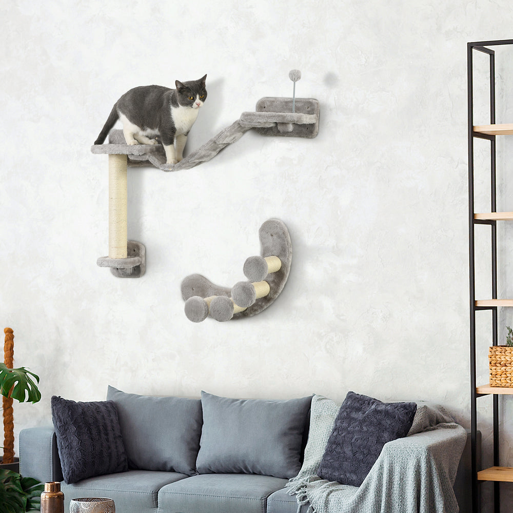 Wall-mounted cat shelf with scratching post, flexible ladder and play ball, grey 