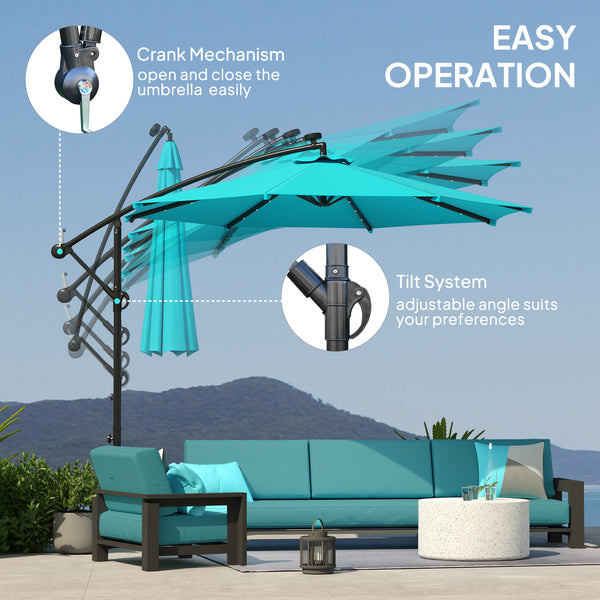 10-foot cantilever parasol with solar light and adjustable angle, turquoise