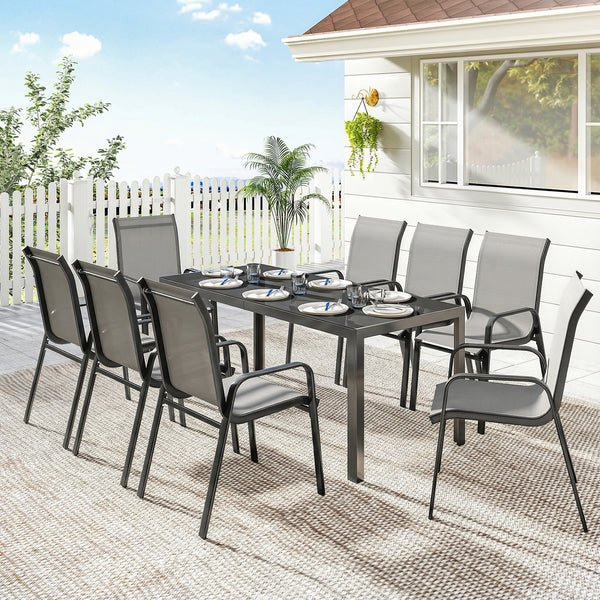 9-Piece Patio Set with Stackable Chairs with Glass Top, Light Gray