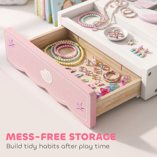 Children's vanity table with lighted mirror, drawer and 8 accessories