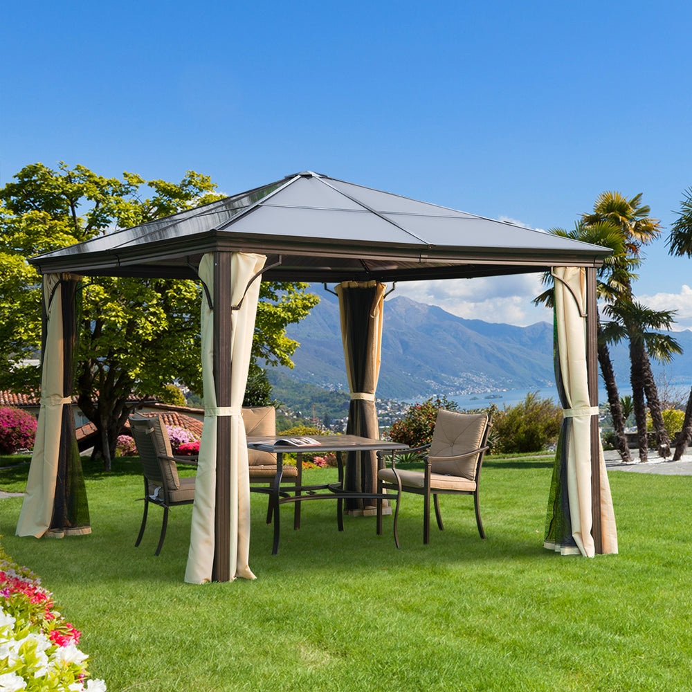 10 x 10 Hardtop Gazebo with Sturdy Metal Frame with Curtains and Waterproof Roof, Coffee Beige