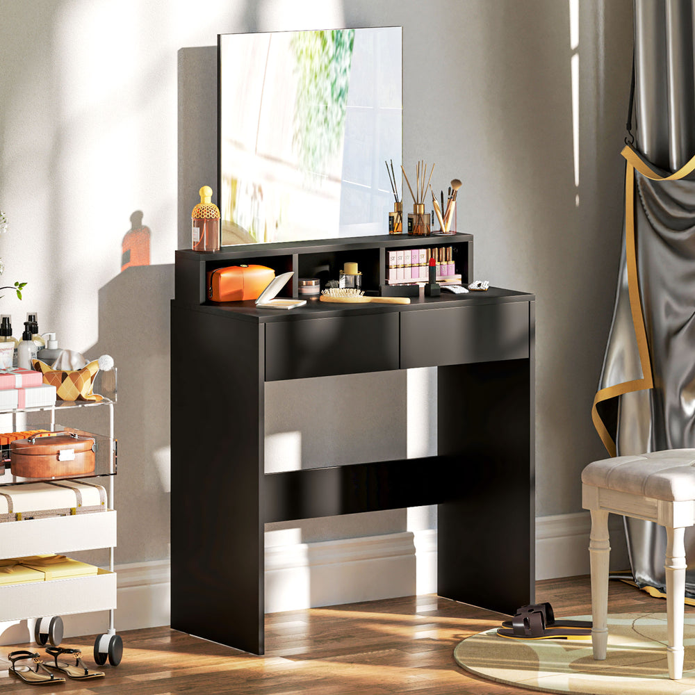 Dressing table with mirror, drawers and compartments, black
