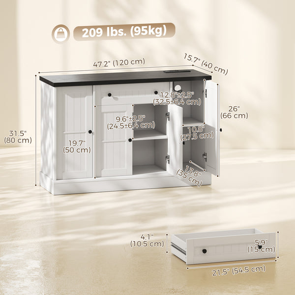 Storage buffet with charging station, 3 cabinets and adjustable shelves, white