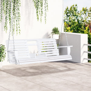 2 to 3 Seater Porch Swing Wood Patio Swing Chair Swing Bench with Foldable Table, Cup Holders, Steel Chains, White