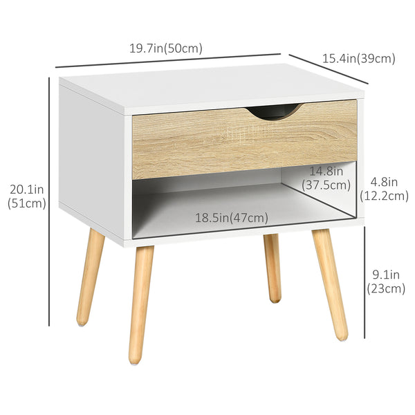 Set of 2 bedside tables with drawer and shelf, white