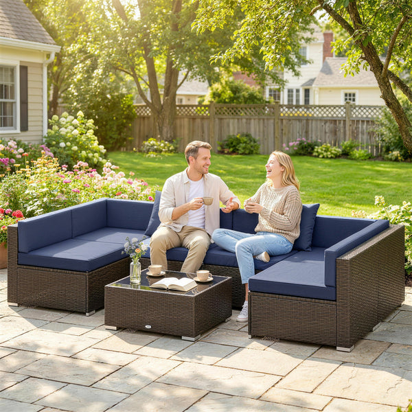 7-piece braided resin garden set with coffee table, rattan corner sofa, navy blue