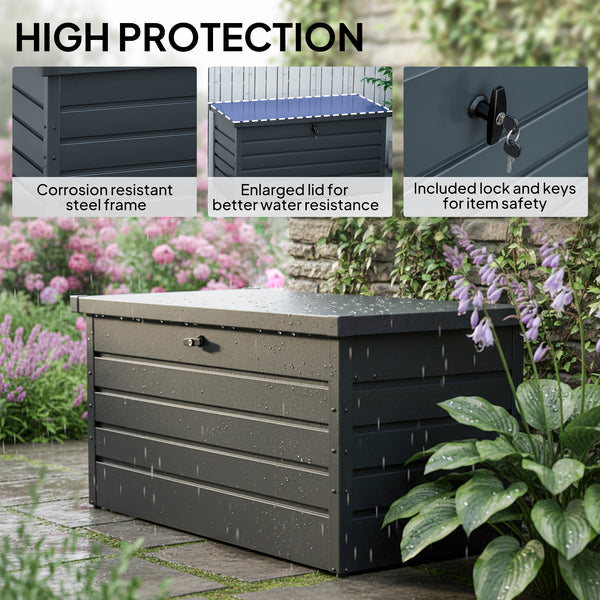 Large garden storage box with lock for pool toys, grey