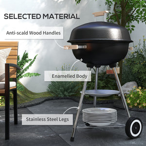 Portable Charcoal BBQ Grill, Steel Outdoor Camp Picnic Cooker with Lid, Air Vents, Wheels and Storage Shelf, Black