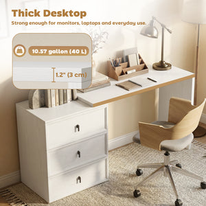 Convertible straight or L-shaped computer desk with 3 drawers and large workspace – White wood effect