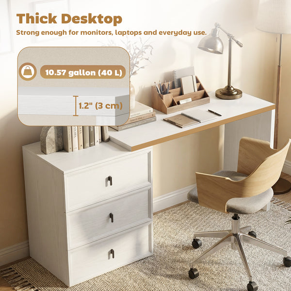 Convertible straight or L-shaped computer desk with 3 drawers and large workspace – White wood effect
