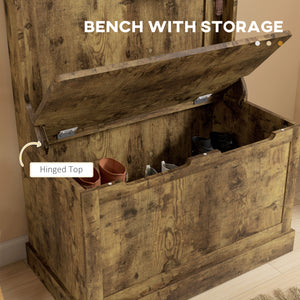 4-In-1 Hall Tree with Coat Rack, Top Shelf, Shoe Storage and Bench Seat, Entryway Bench with 4 Hooks, Rustic Brown
