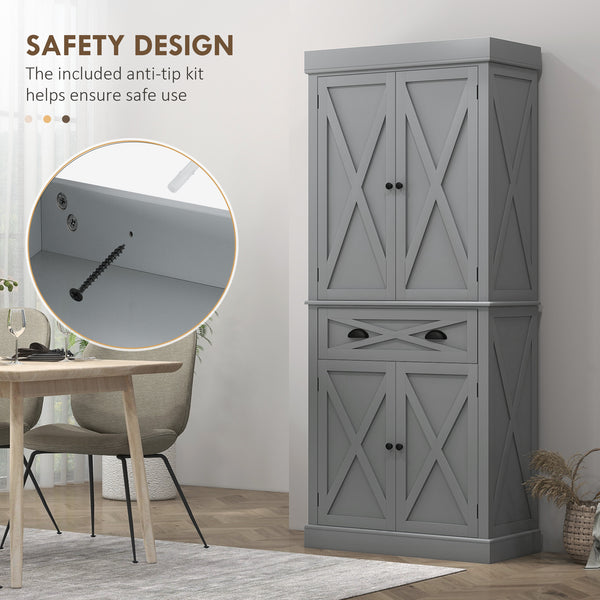 Storage unit with 4 doors, drawer and adjustable shelves, gray