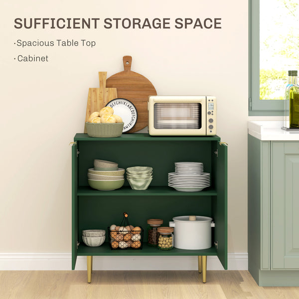 Modern kitchen storage cabinet with adjustable shelves and metal legs, green