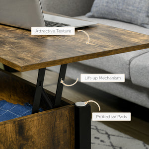 Lift-top coffee table with hidden storage compartment, 3 lower shelves, rustic brown