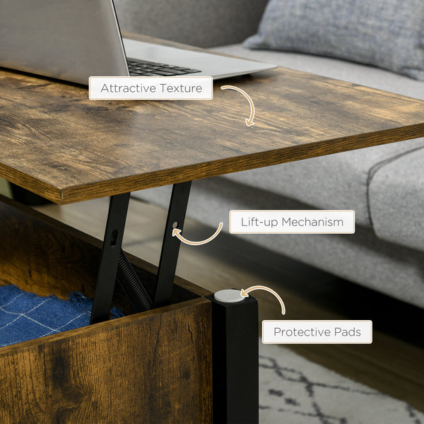 Lift-top coffee table with hidden storage compartment, 3 lower shelves, rustic brown
