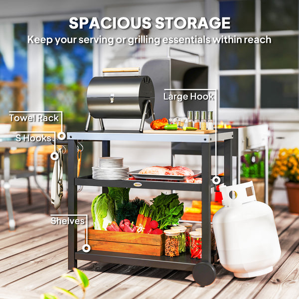 3-shelf stainless steel kitchen trolley with hooks, anthracite grey