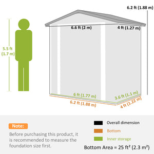 Metal garden shed, 1.98 m x 1.22 m, with lockable double door and 4 vents, silver-white.