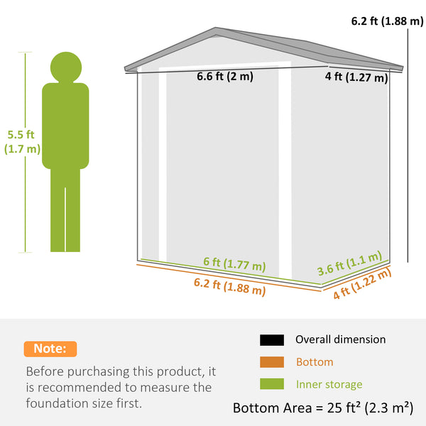 Metal garden shed, 1.98 m x 1.22 m, with lockable double door and 4 vents, silver-white.