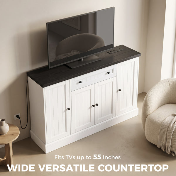 Storage buffet with charging station, 3 cabinets and adjustable shelves, white