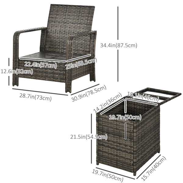 3 Piece Wicker Garden Furniture Set with Storage Coffee Table and Thick Cushions, Balcony, Blue