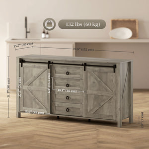 Country style sideboard with sliding doors, drawers and adjustable shelves, aged light grey