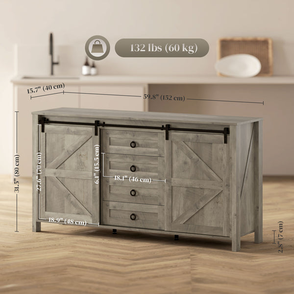 Country style sideboard with sliding doors, drawers and adjustable shelves, aged light grey