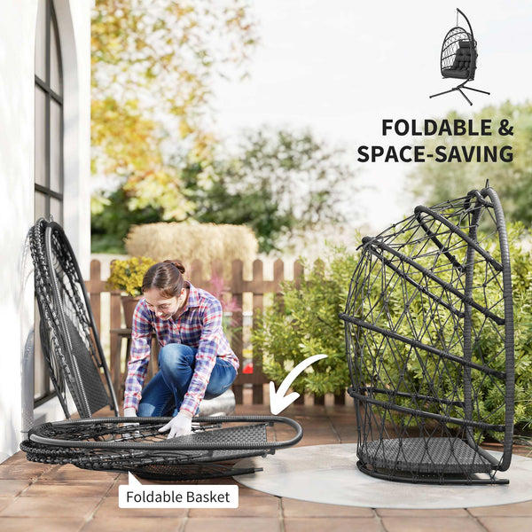Hanging chair with stand, in woven rattan with thick cushion and safety rope, black