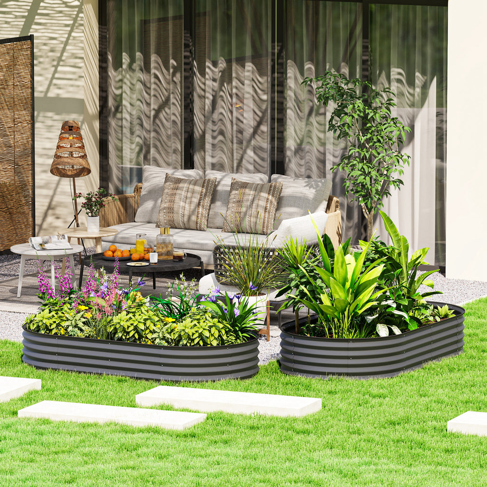 Raised outdoor planter in galvanized steel with metal support, dark grey