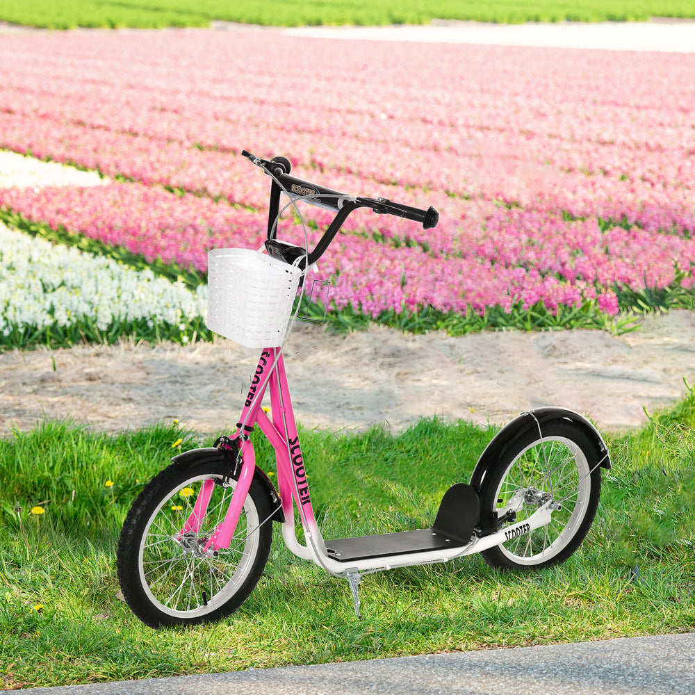 Scooter with adjustable handlebars with 2 brakes, cup holder basket, pink