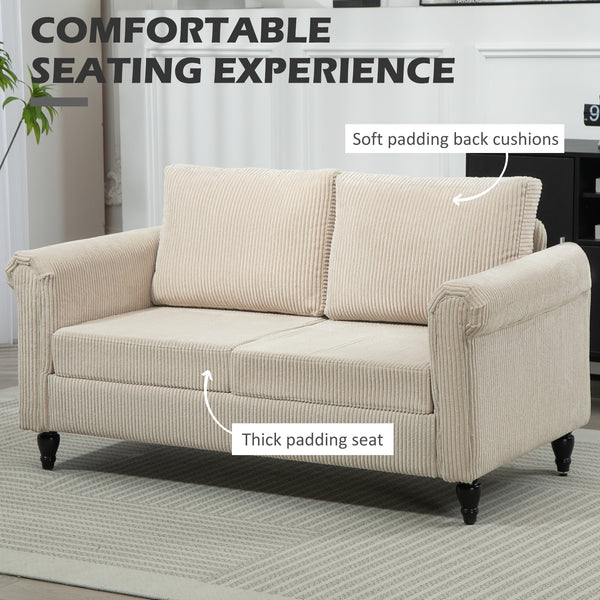 Vintage 2-seater sofa with rolled armrests and rubberwood legs, beige