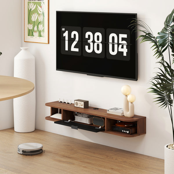 47" Floating Wall Mounted TV Stand with Drop-Down Drawer and 2 Open Shelves, Walnut