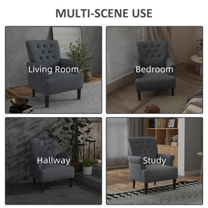 Fabric accent chair with wooden legs and rounded armrests, gray