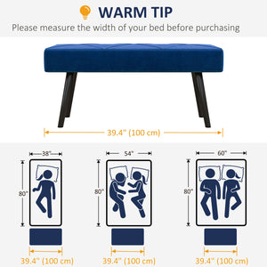 Modern upholstered bedroom bench with steel legs, dark blue