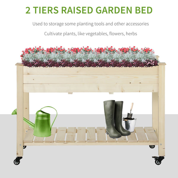 Raised wooden planter with lockable casters and storage shelf