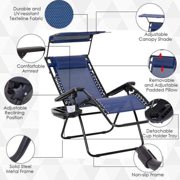 Set of 2 folding chairs with zero-gravity canopy, blue