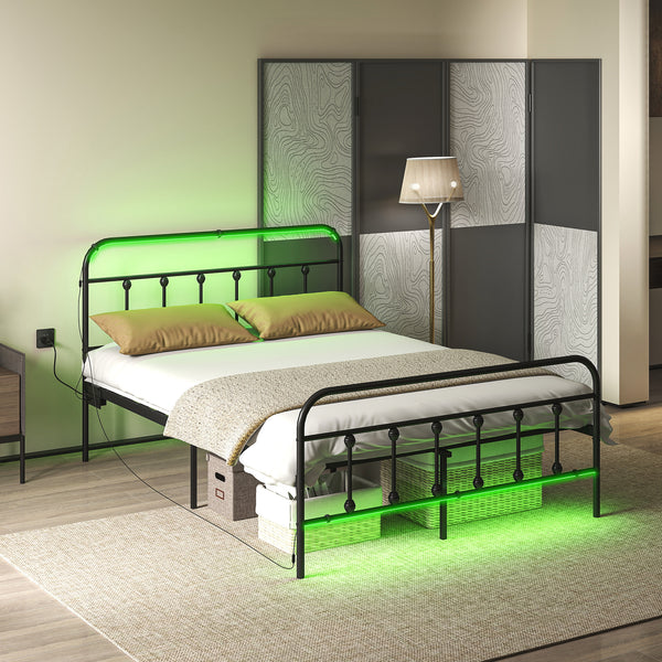 Double Bed Frame with LED Lighting and Charging Station with Underbed Storage, Black