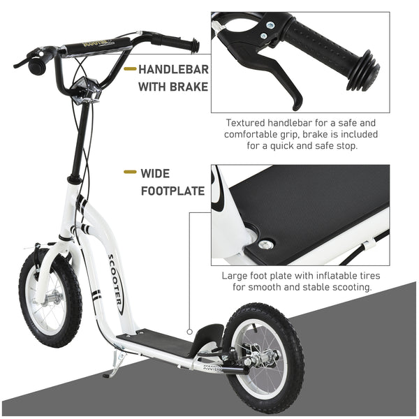 Scooter with inflatable tires and double brakes, white