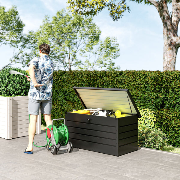 Large garden storage box with lock for pool toys, grey