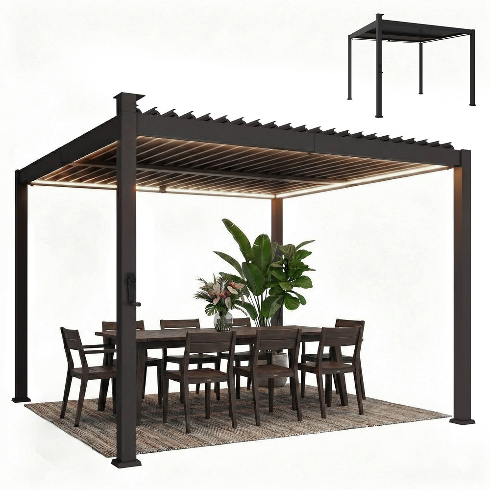 10 x 10 pergola with adjustable louvered roof, black, with LED solar lighting and drainage gutters