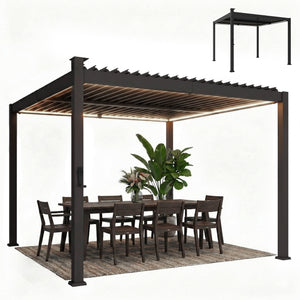 10 x 10 pergola with adjustable louvered roof, black, with LED solar lighting and drainage gutters