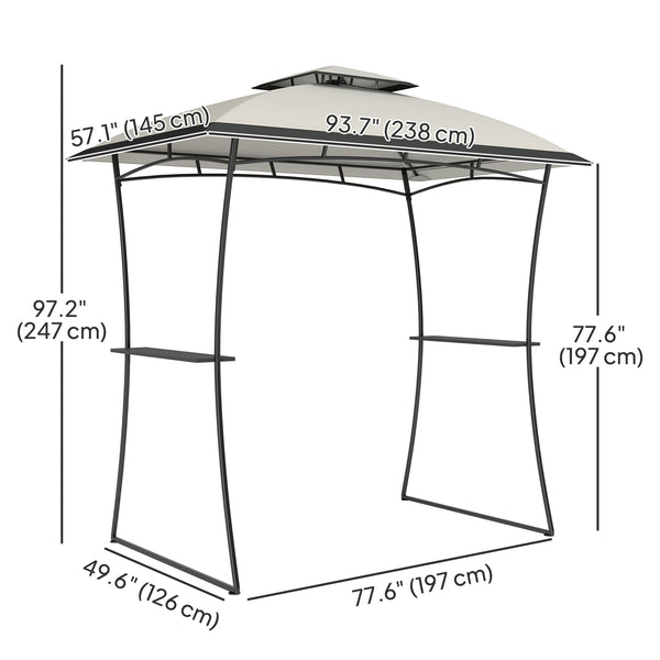 Two-tier barbecue gazebo with 2 side shelves and a hook, light grey
