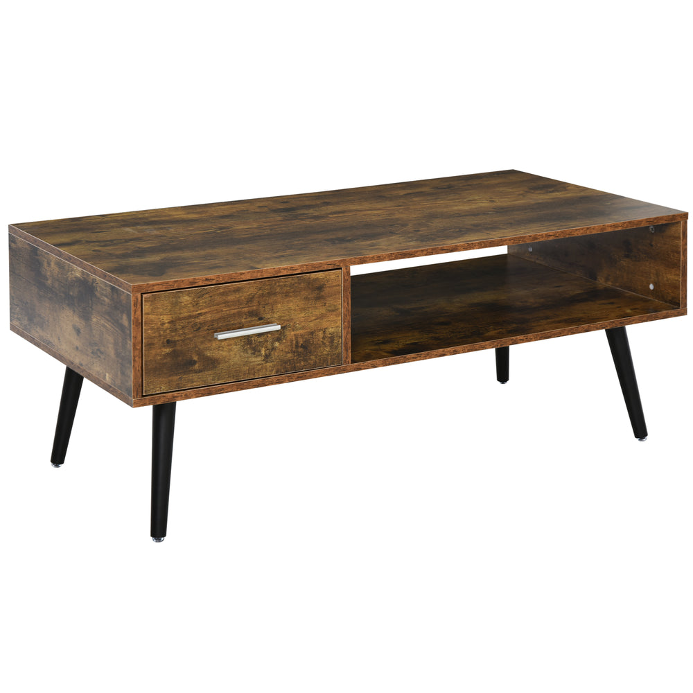 Retro coffee table with storage shelf and drawer, rustic brown