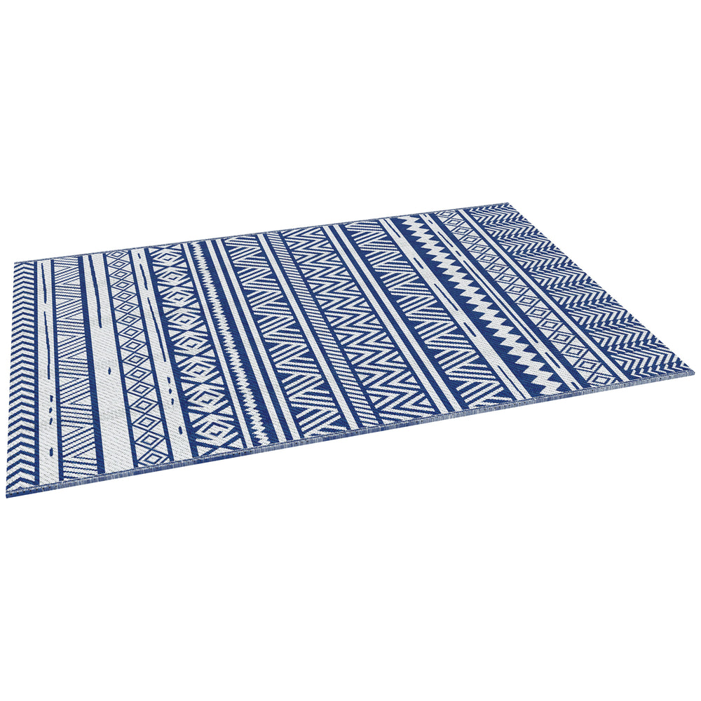Patio Floor Mat, 6' x 9' Plastic Mat for Garden, Patio, Beach, Camping, Dark Blue and White