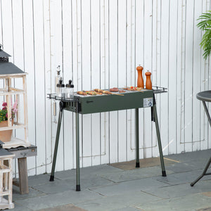 Portable charcoal barbecue with side spice baskets, dark green