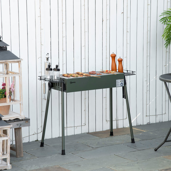 Portable charcoal barbecue with side spice baskets, dark green